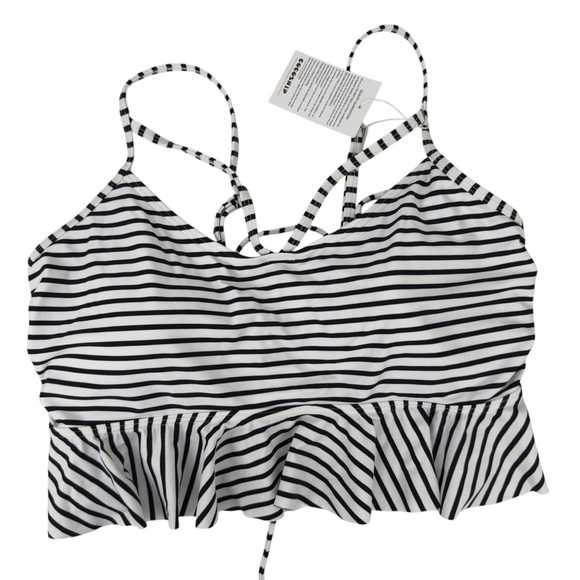 NWT CocoShip Black Stripe Corset Tie Back Flounce Bikini Top Boho Retro Size 16 - Picture 2 of 16